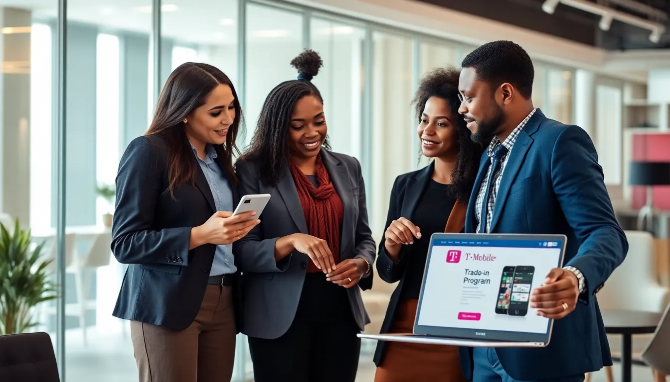 diverse team discussing T-Mobile's phone trade-in program.