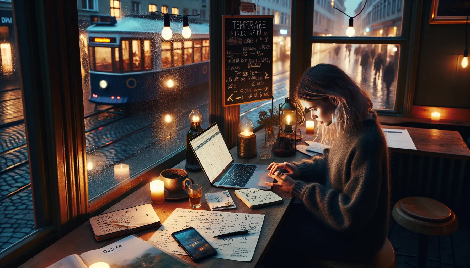 Over-the-shoulder view of norwegian foodie scanning calendars and permits for pop-ups.