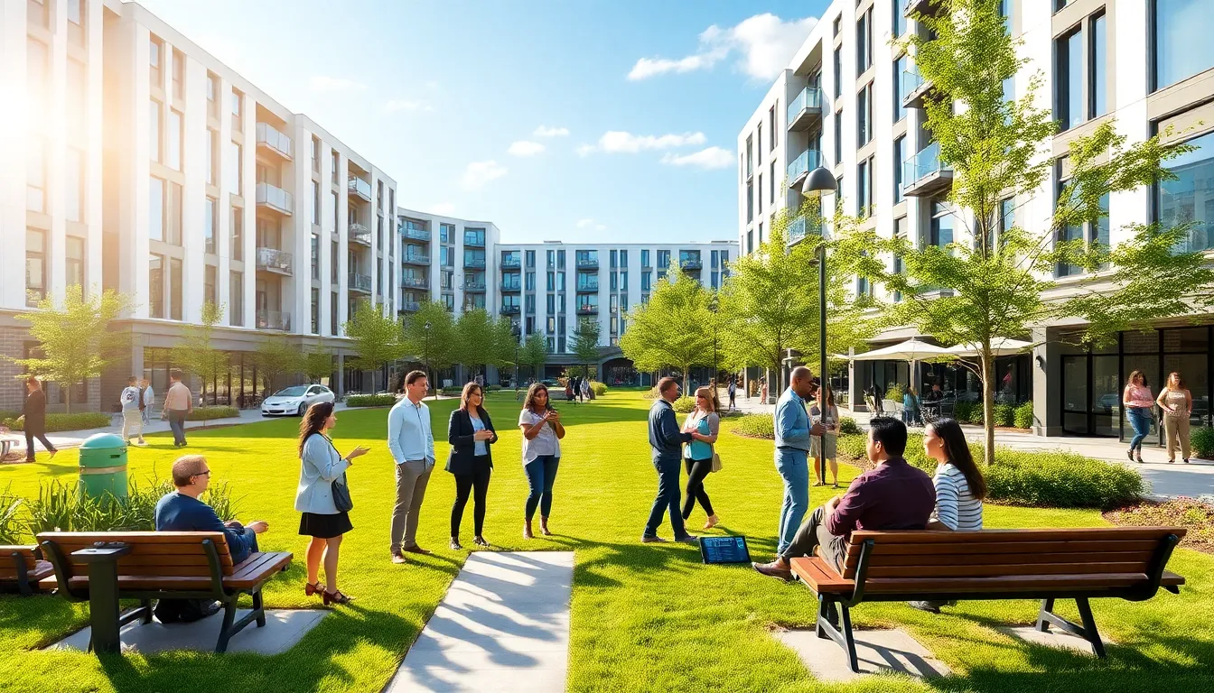 modern smart living community with residents in a green space.