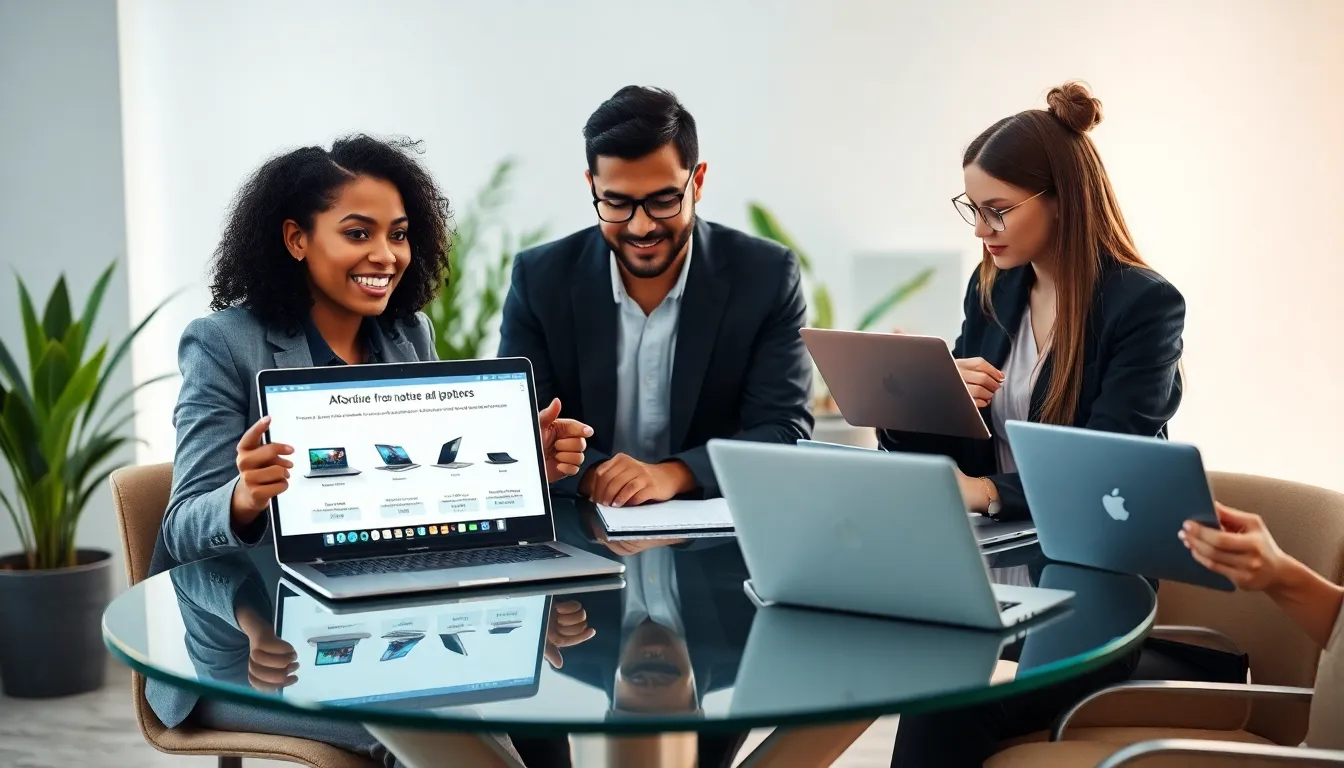 diverse team discussing affordable laptops in a modern office.