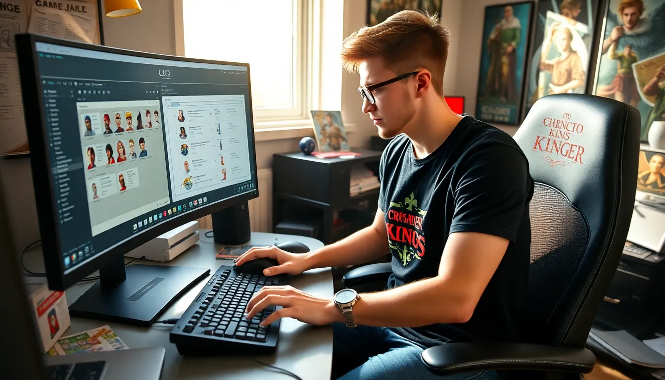 a young man creating characters using CK2Generator for Crusader Kings II.