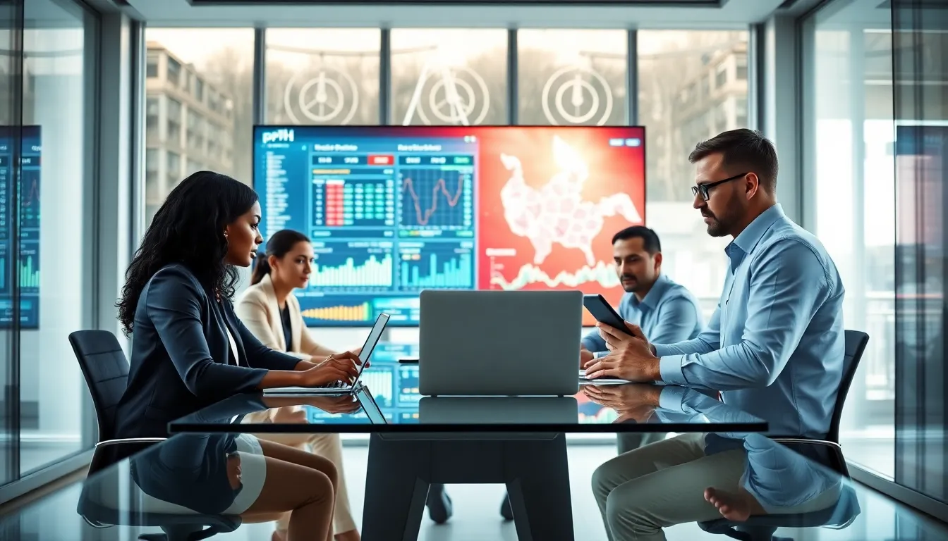 diverse team discussing sports betting data in a modern office.