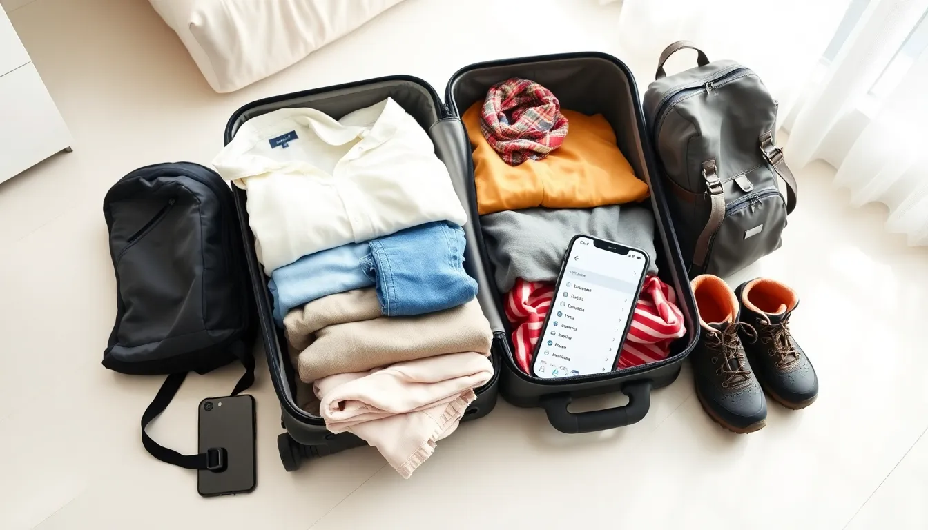 organized suitcase with travel essentials and a packing list on display.