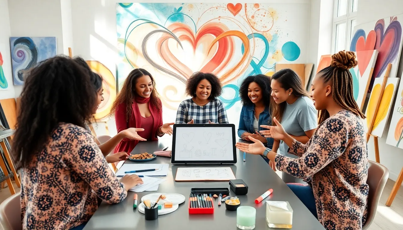 diverse artists collaborating in a bright studio on Bruunalove concept.