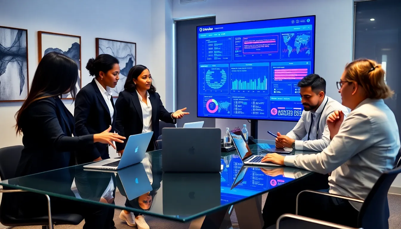 diverse cybersecurity team collaborating in a modern office.