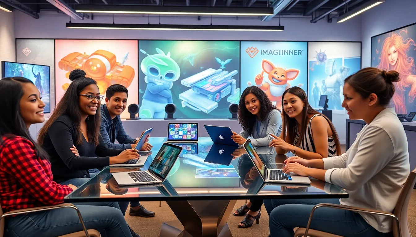 diverse team collaborating on game design in a modern studio.