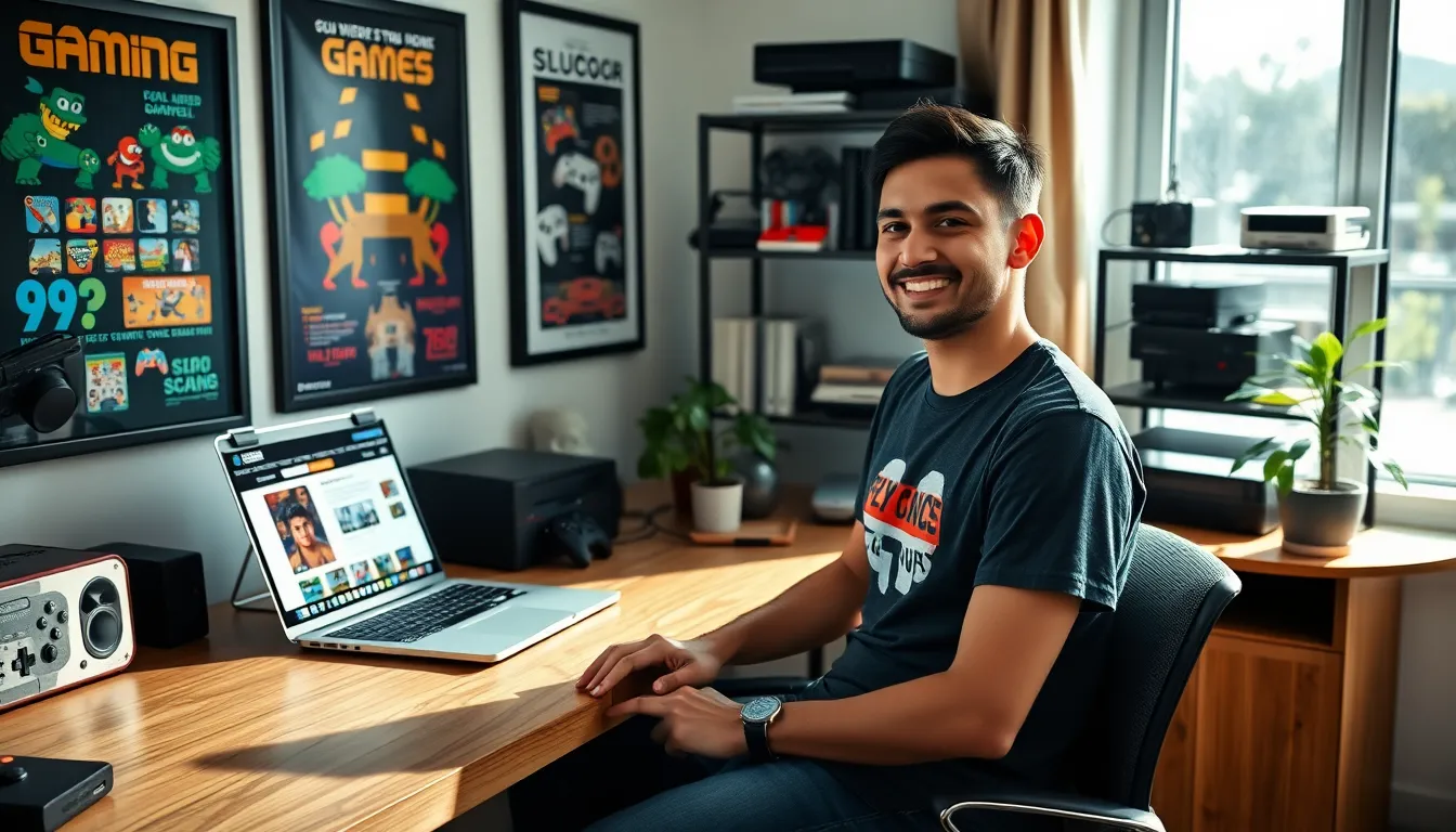Larry Nando writing at his desk surrounded by gaming memorabilia.