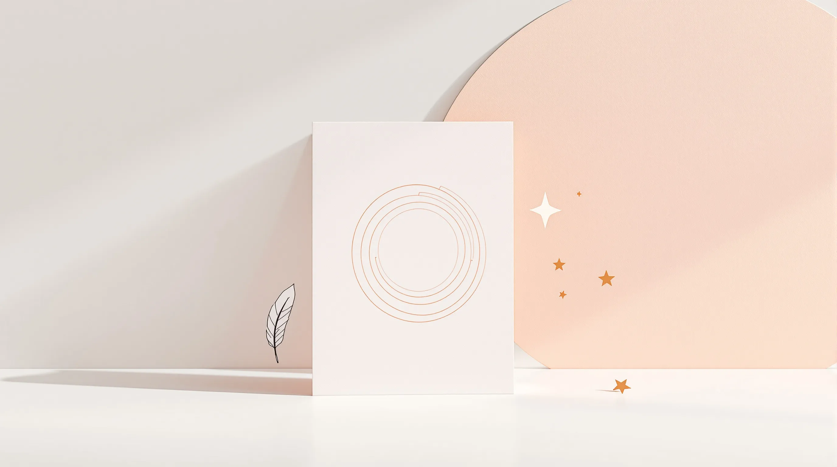 Minimalist greeting card with geometric pattern and floating pen on white background.