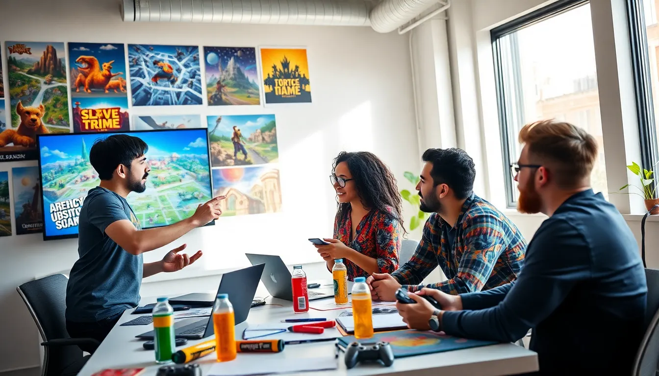 a diverse team brainstorming video game concepts in a modern office.