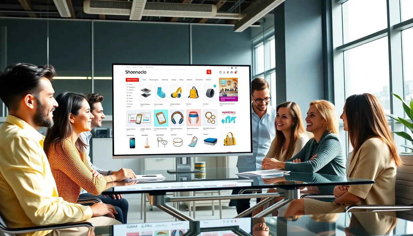 diverse professionals discussing an e-commerce website in a modern office.