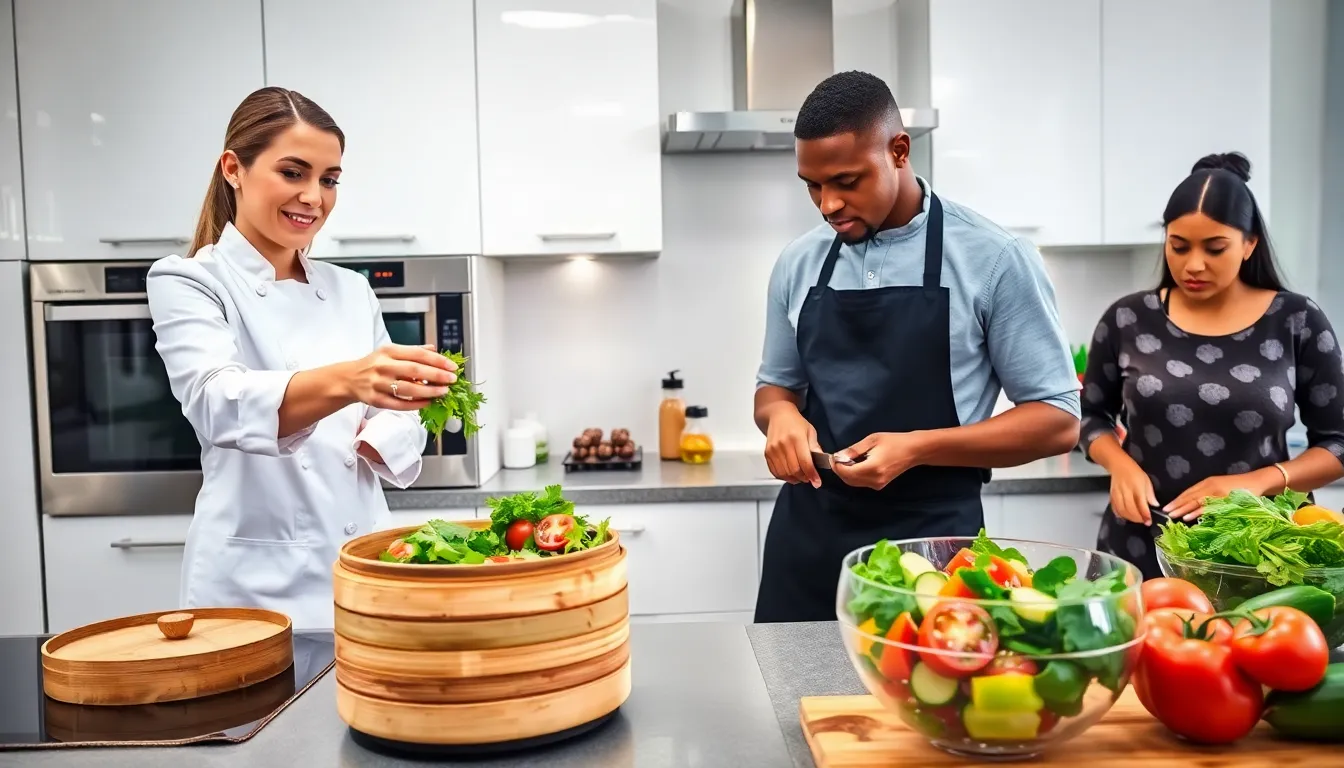 diverse chefs demonstrating healthy cooking techniques in a modern kitchen.