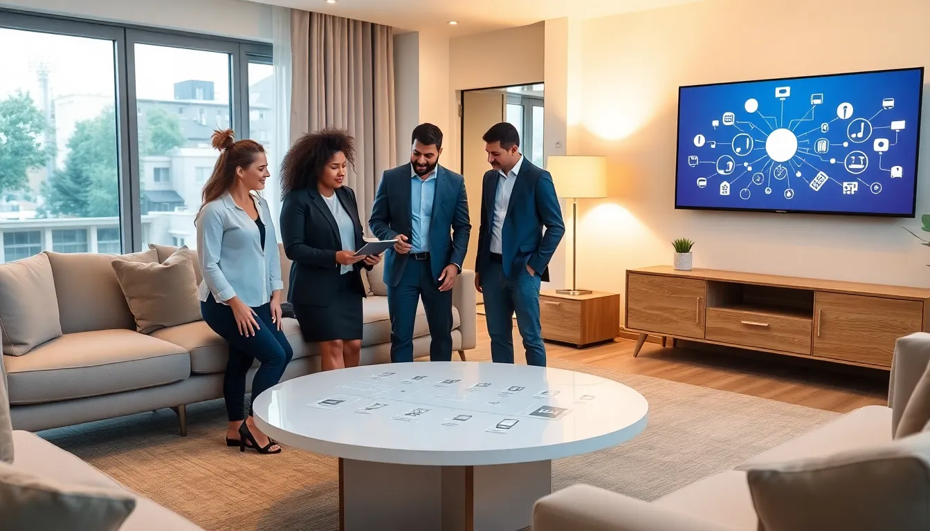 diverse professionals discussing home automation networking in a modern living room.