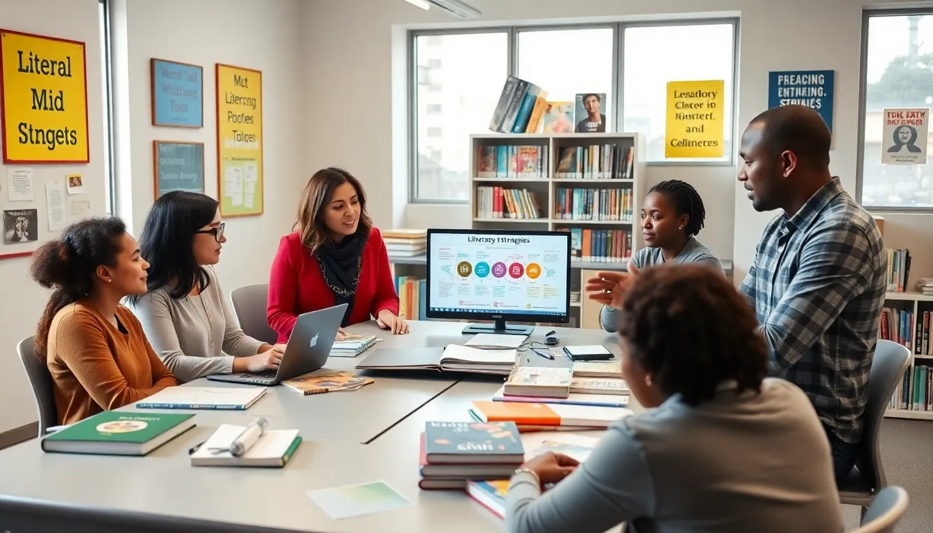 diverse educators discussing reading strategies in a modern classroom.