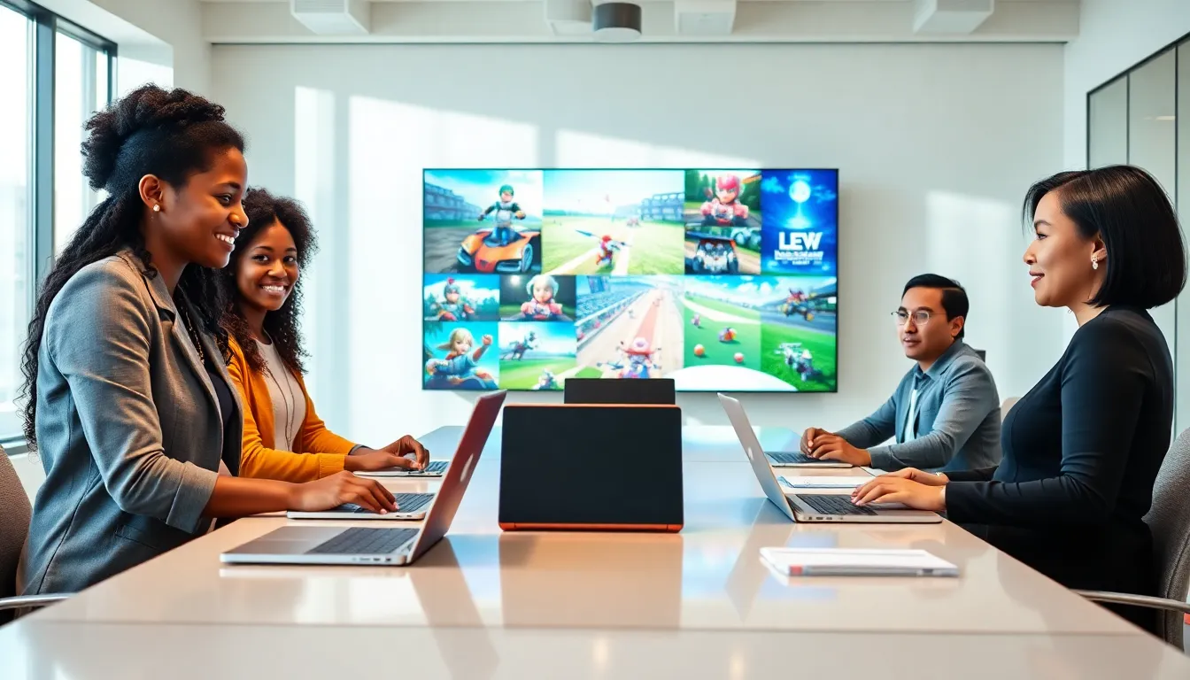 diverse team collaborating in a modern office setting focused on gaming communication.