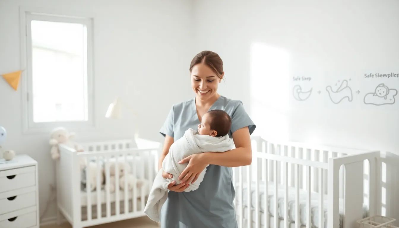 nurse swaddling a baby in a bright nursery.