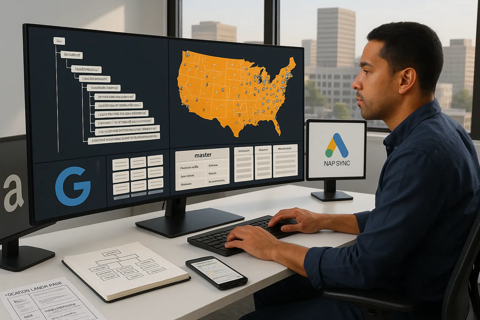 SEO manager reviews multi-location website map and NAP data in a U.S. office.