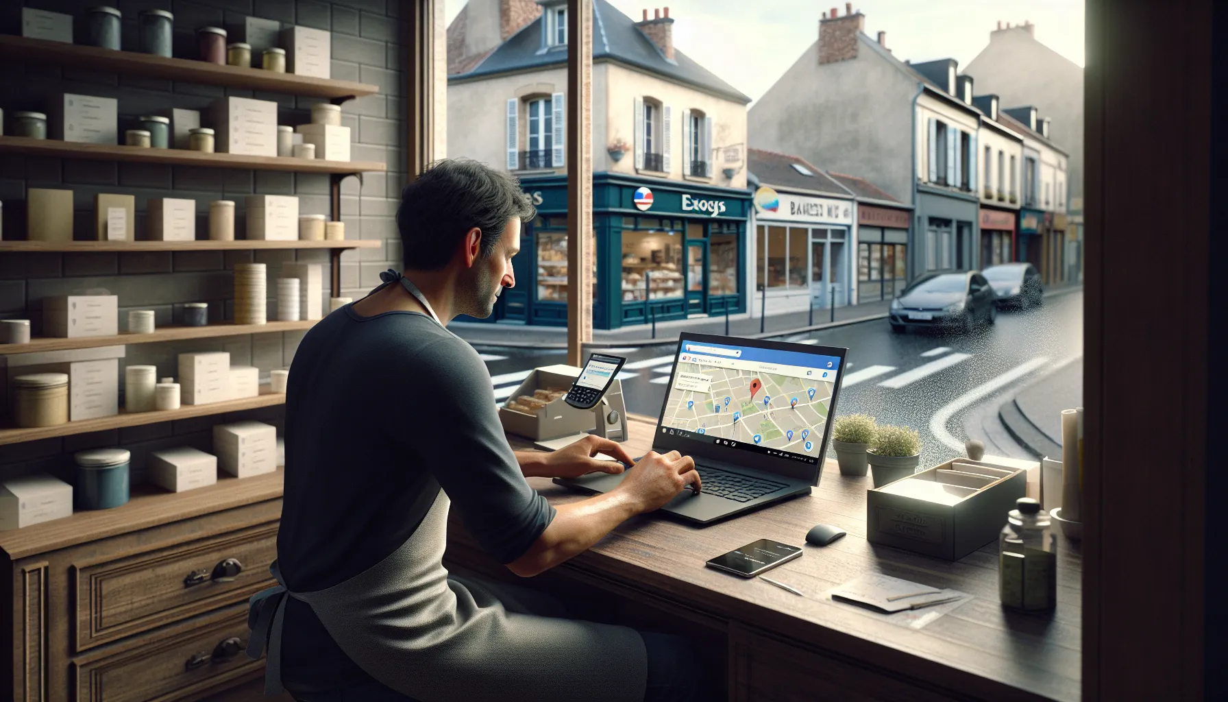 Local shop owner in Champs-sur-Marne checking Google search and Maps visibility on laptop.