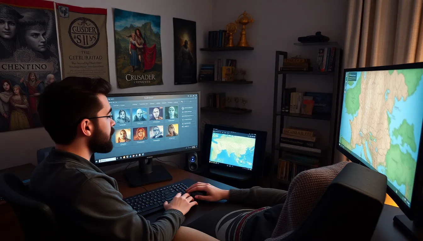 A gamer using CK2Generator for *Crusader Kings II* in a cozy room.