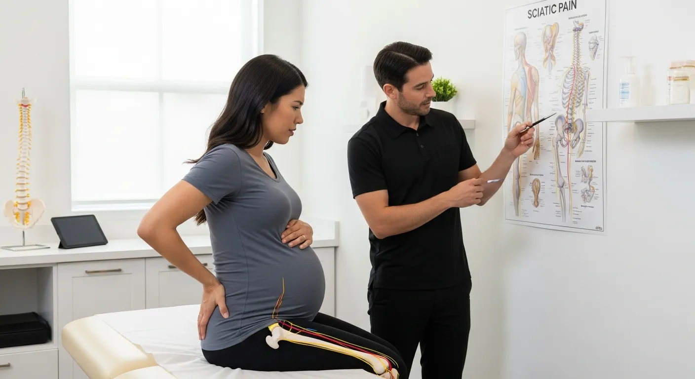 Pregnant woman consulting a chiropractor about sciatic nerve pain in a modern clinic.
