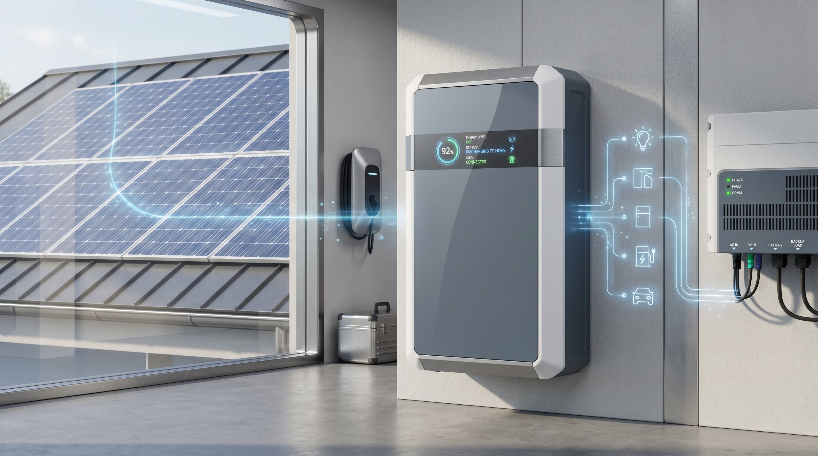 3D render of modern home battery storage system mounted on wall with solar panels visible.