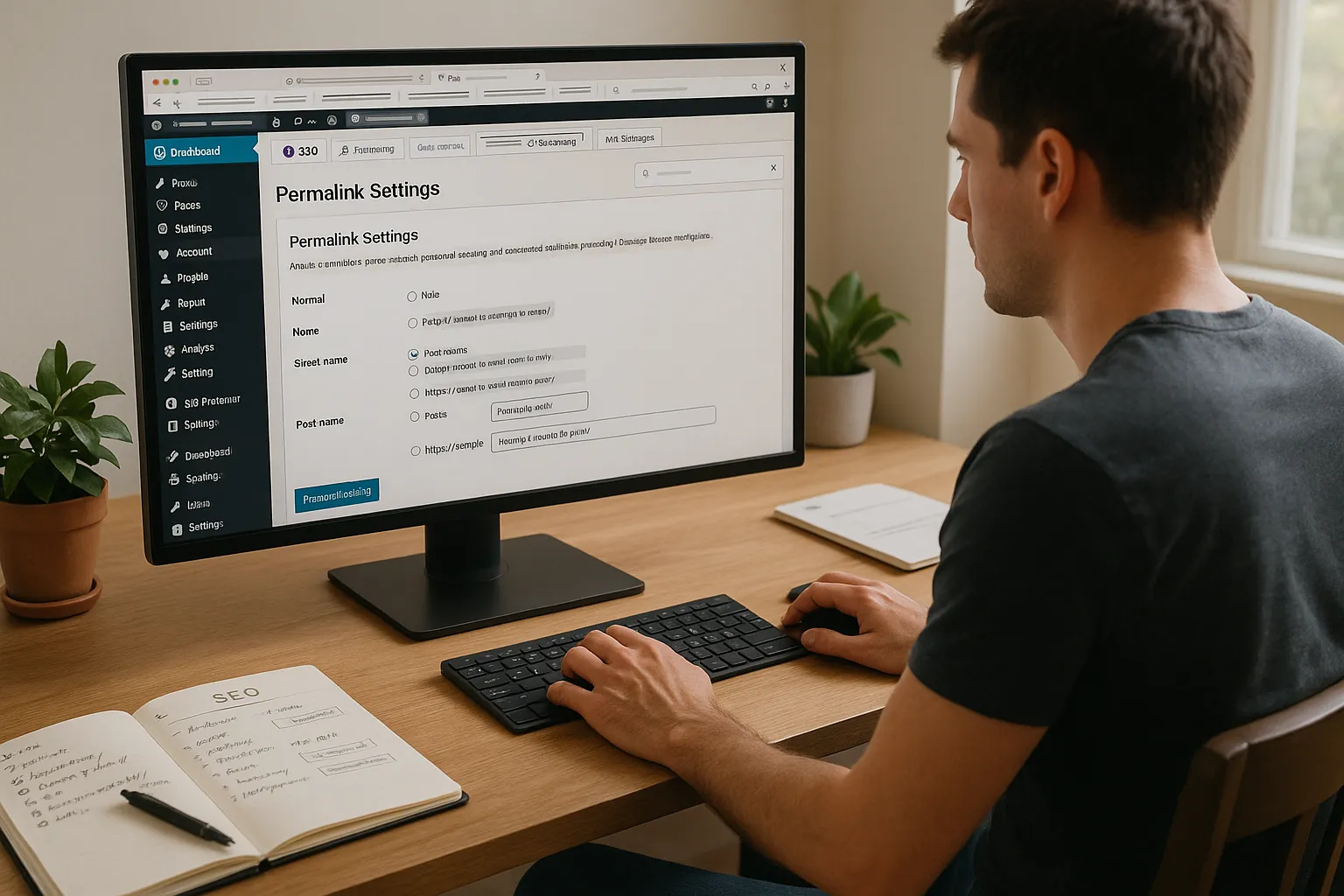 Person configuring WordPress permalinks and SEO plugin settings on a desktop computer.