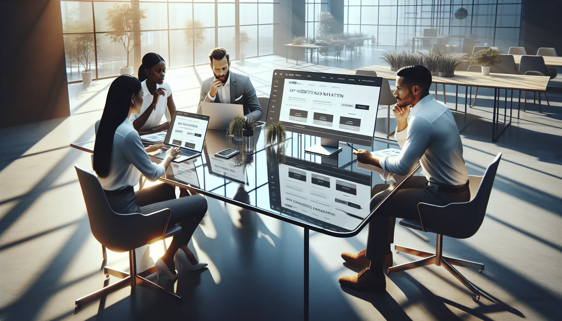 diverse professionals discussing website navigation in a modern office.