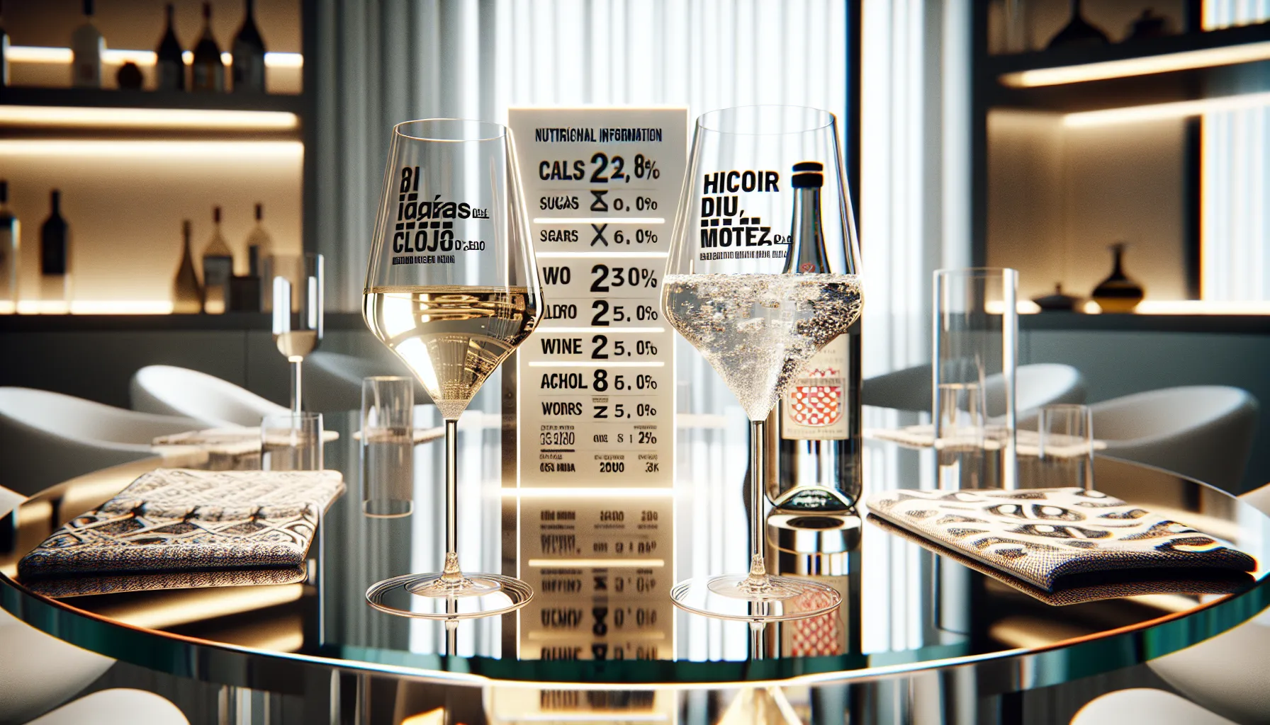 Two wine glasses and nutritional info card on a modern glass table.