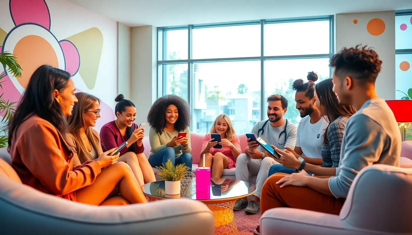 diverse group enjoying Popguroll in a colorful lounge setting.