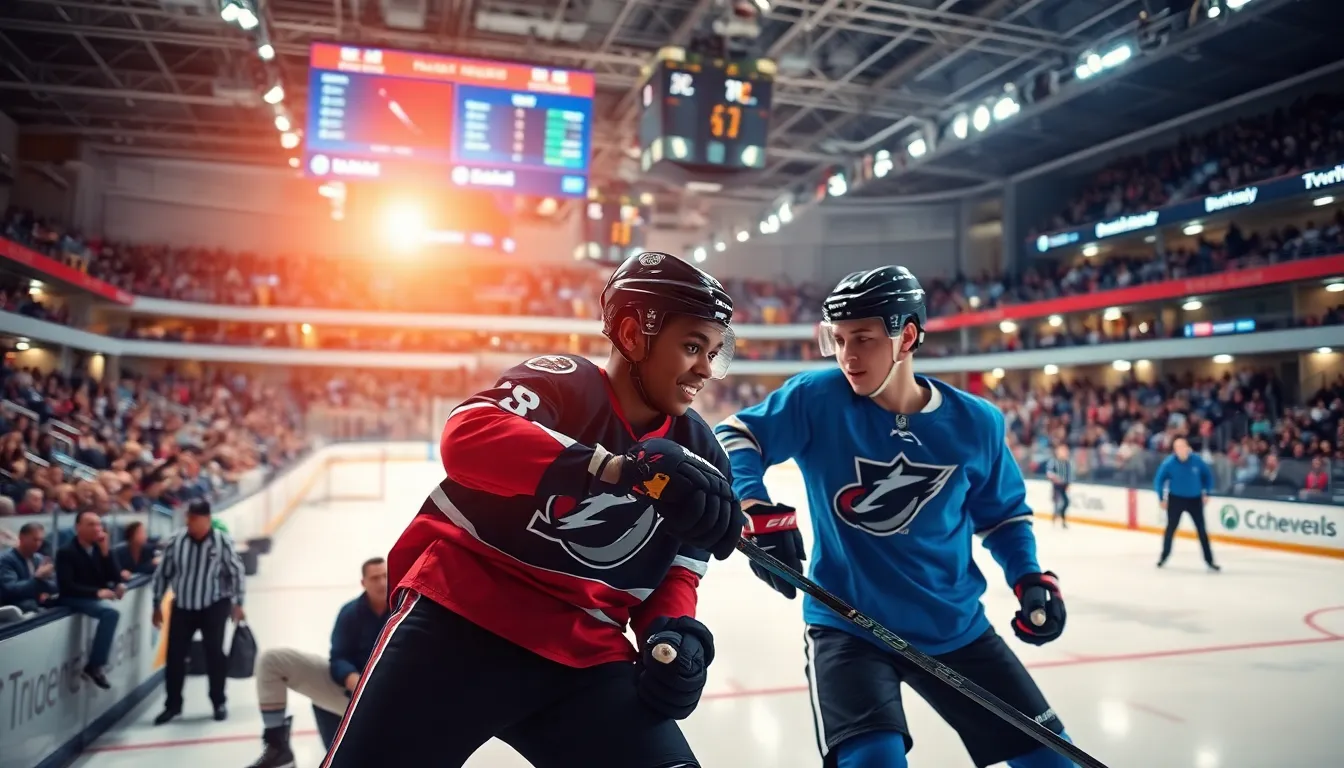 Young hockey players in action during a fast-paced game in an arena.