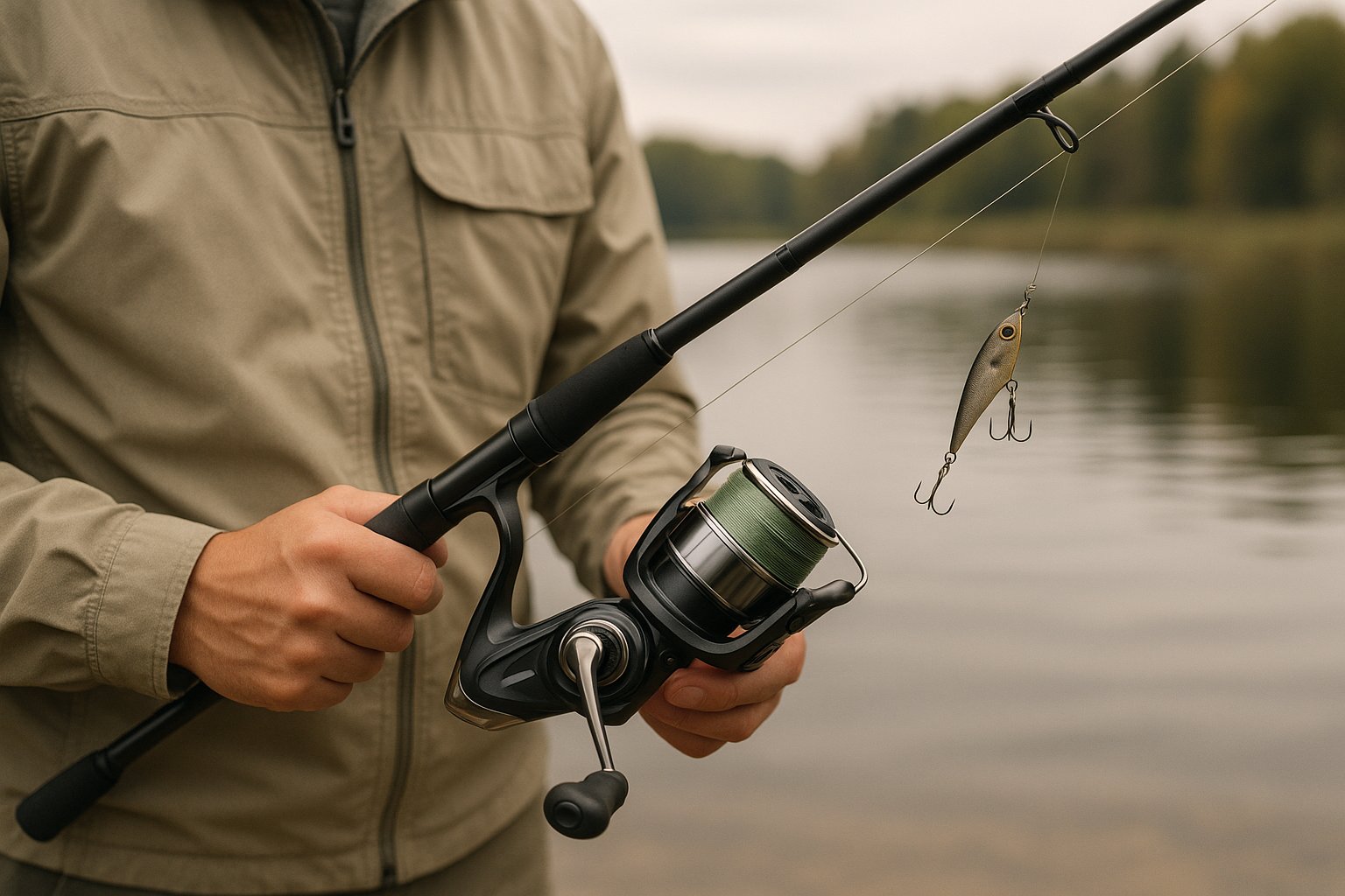 Angler checking spinning reel setup for better short casting distance fishing.