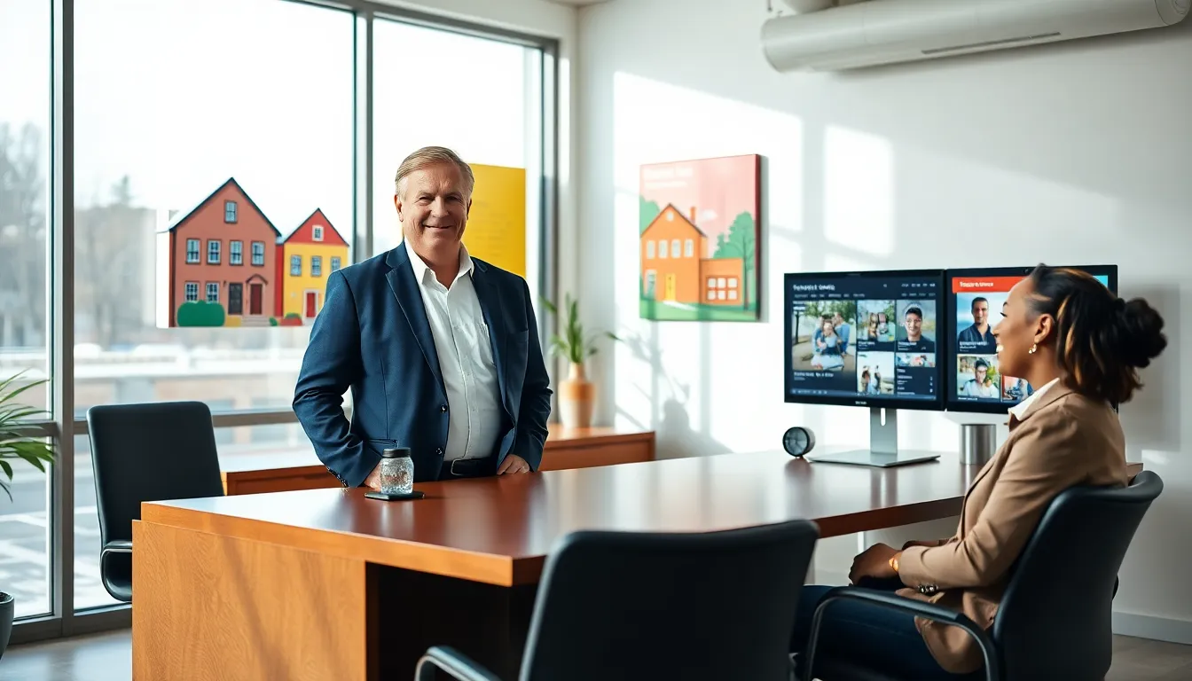 Timothy discussing real estate with a couple in a modern office.