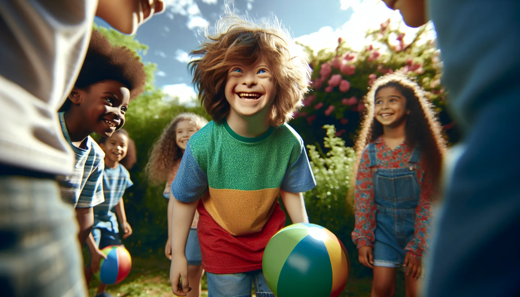 a young boy with Down syndrome playing joyfully in a sunny park.