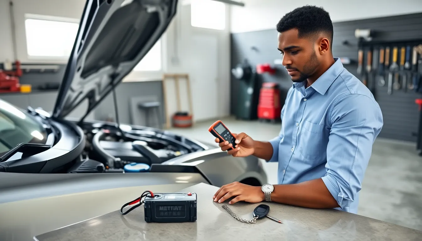 individual testing a car battery in a modern garage setting.