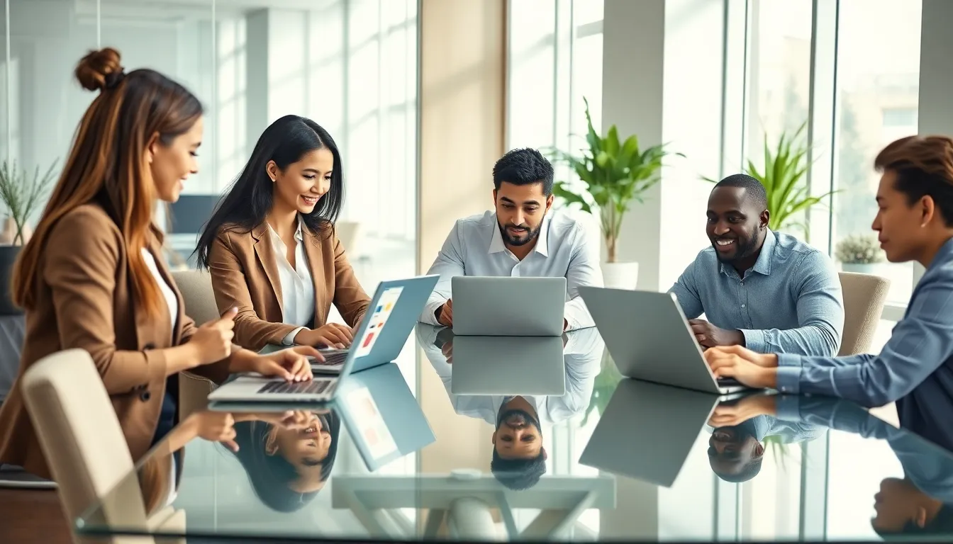 diverse professionals exploring low code no code platforms in a modern office.