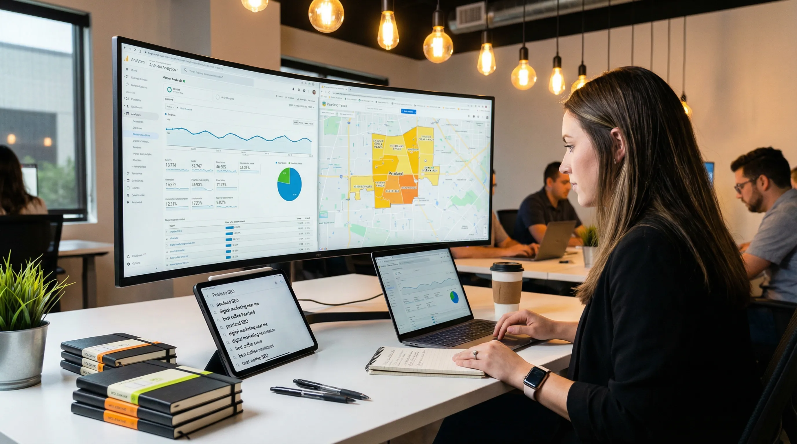 Marketer reviewing Pearland neighborhood keyword targeting and analytics on a large screen in a modern office.