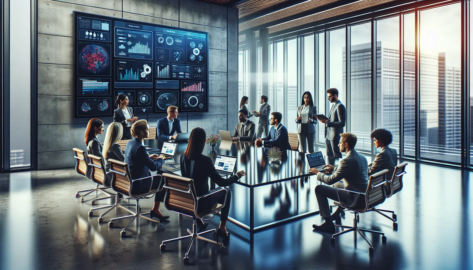 diverse professionals collaborating in a modern office setting.