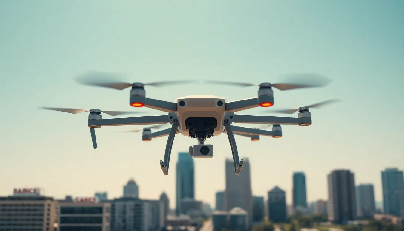 VTOL drone flying above a cityscape.