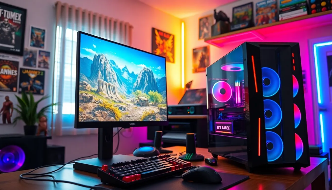 a modern gaming setup with a powerful PC and immersive game display.