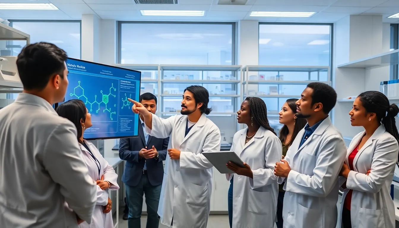 diverse team discussing advanced compound in a modern lab.