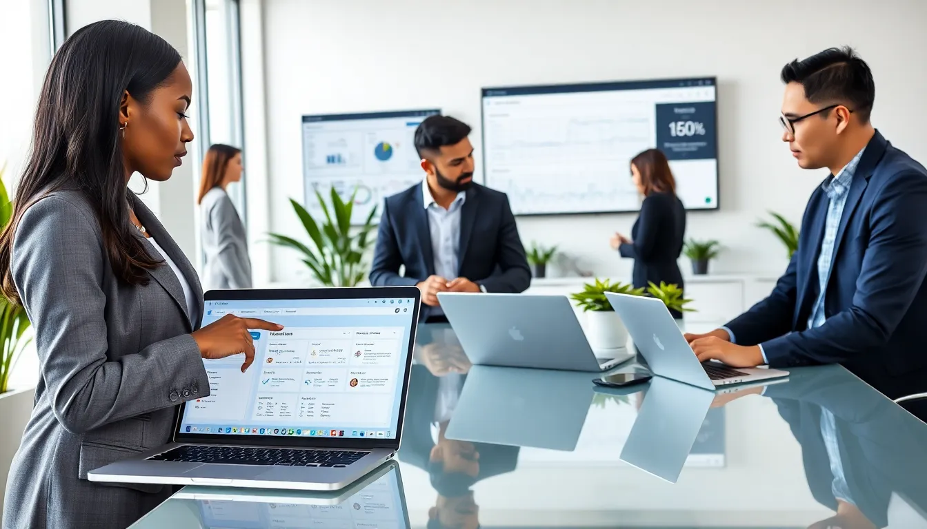 diverse team collaborating with Melanie2W software in a modern office.
