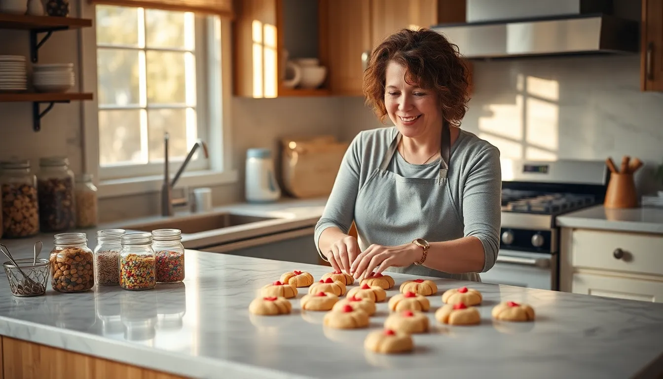 Kelly Griffin decorating cookies in a cozy kitchen.