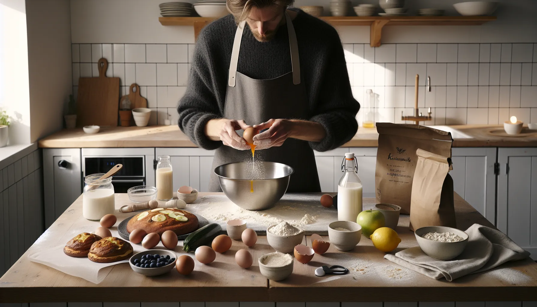 Norwegian baker cracking egg over flour with fresh fruit and dairy.