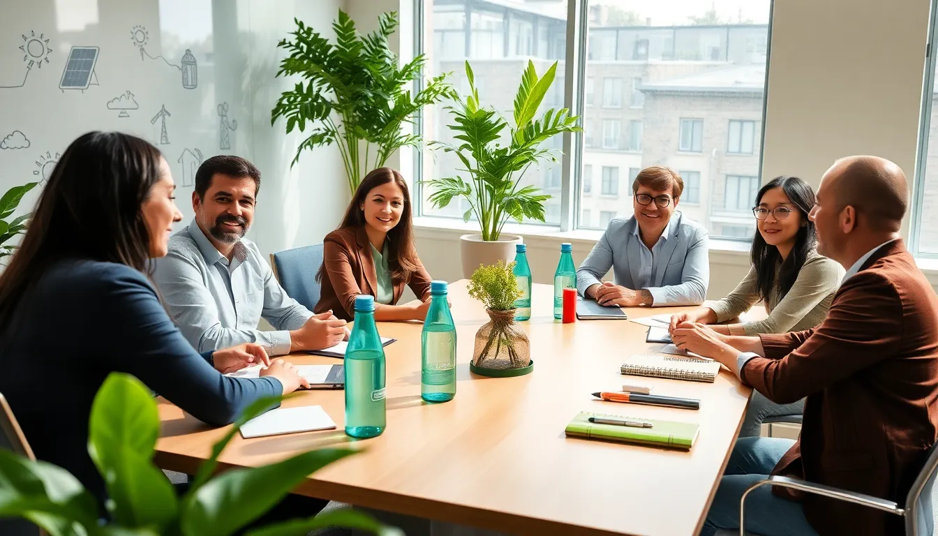 diverse team discussing sustainable living in a modern office