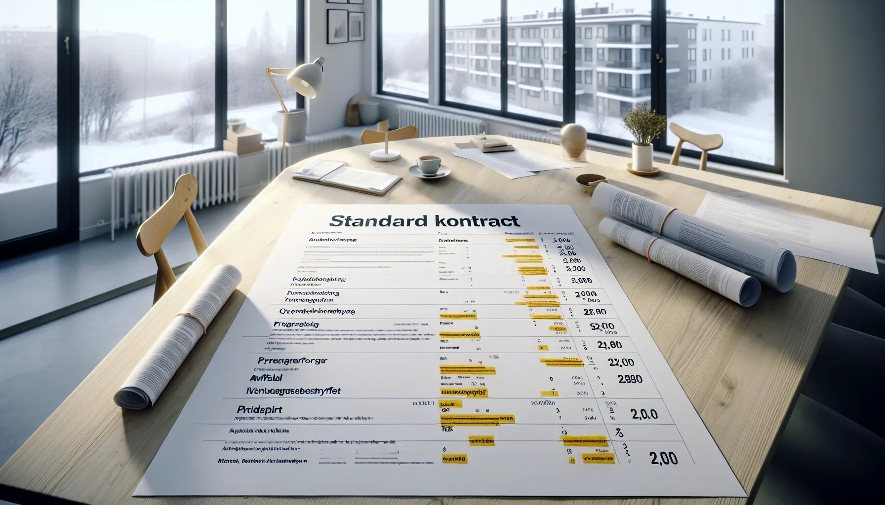 Homeowner and contractor reviewing a detailed norwegian renovation contract at table.