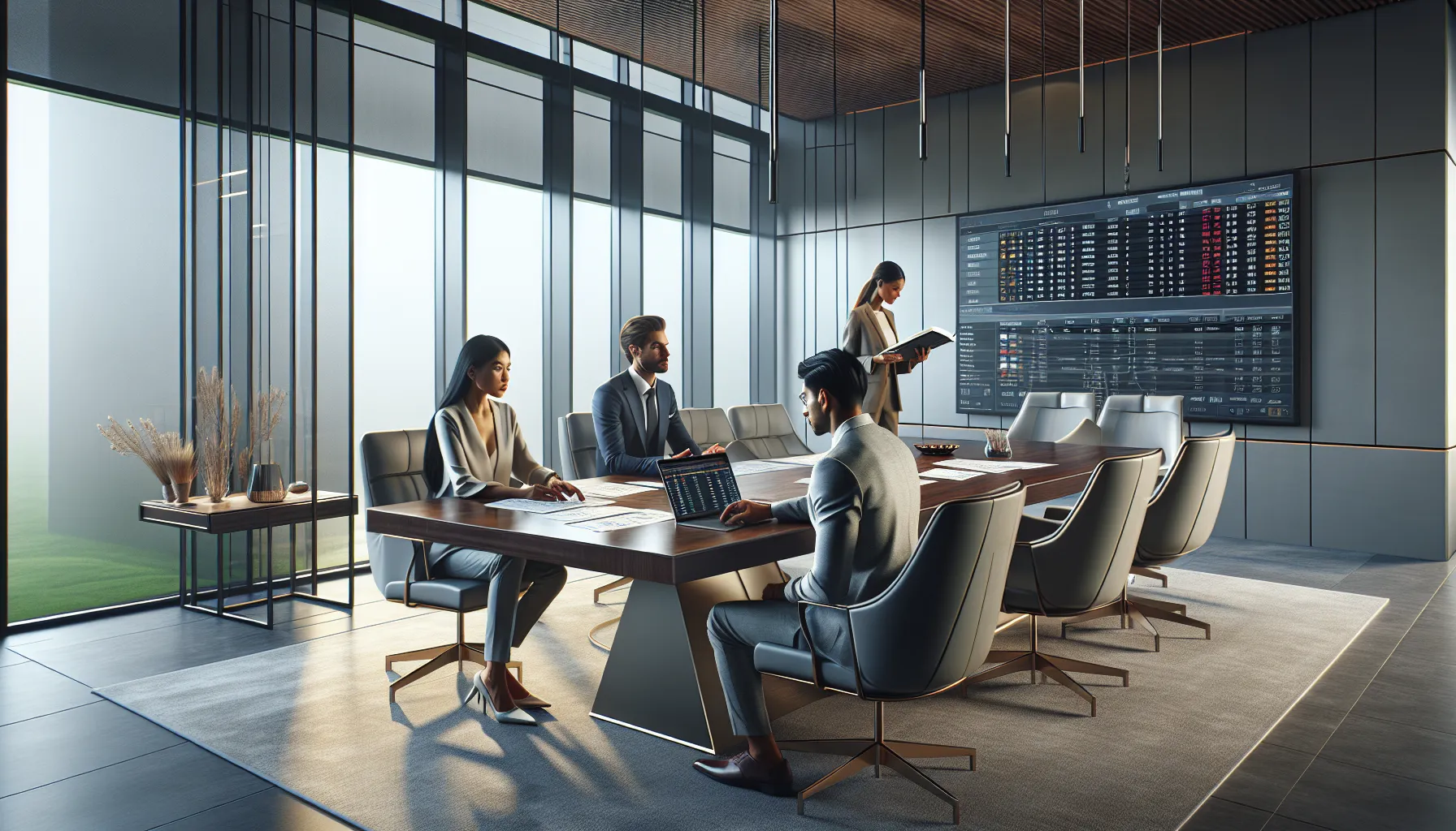 diverse professionals discussing sports betting odds in a modern office.