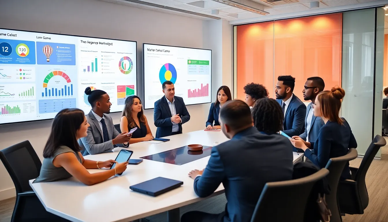 diverse team collaborating on lottery game development strategies.