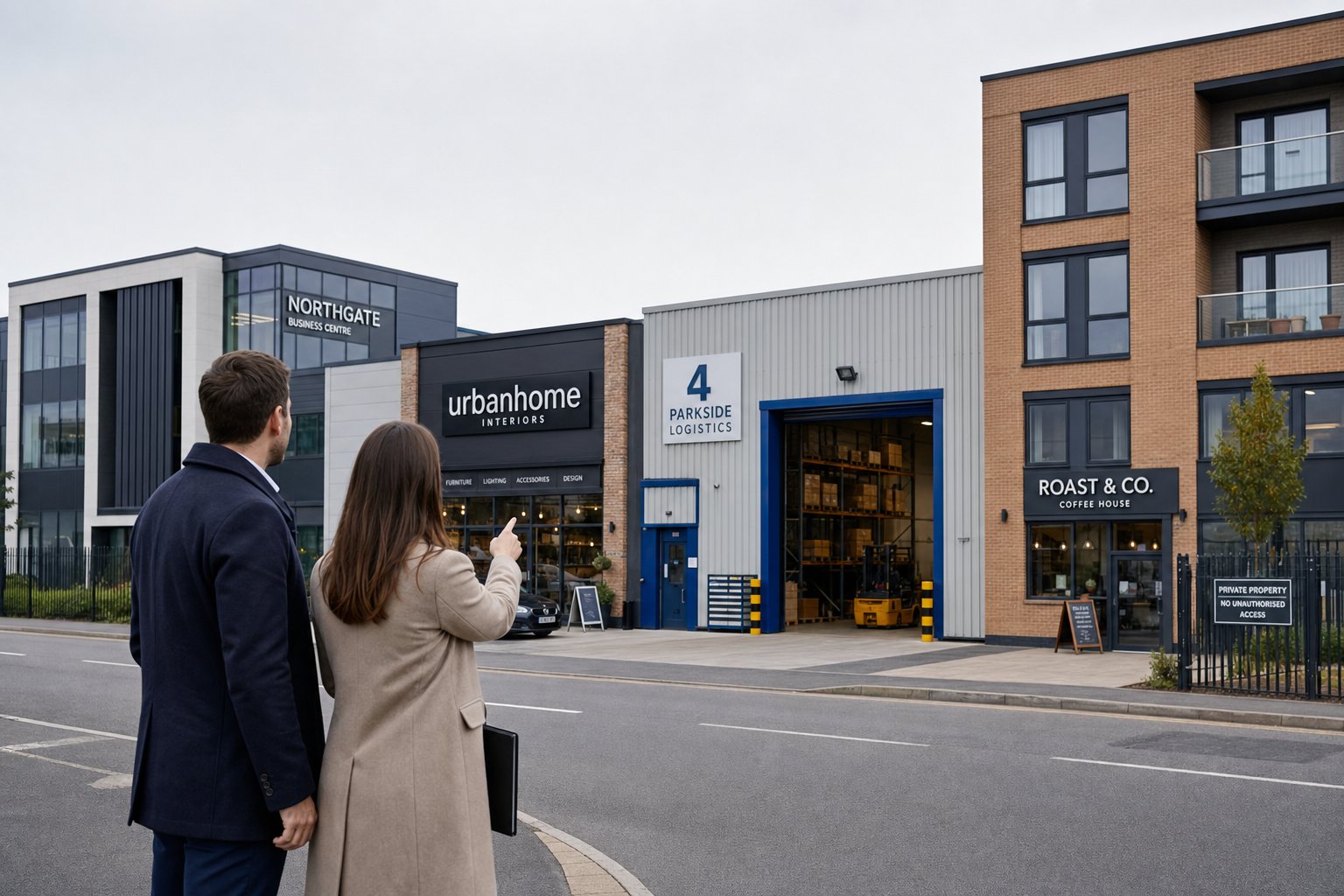 Business owner viewing different types of commercial properties including office, retail, and industrial units.