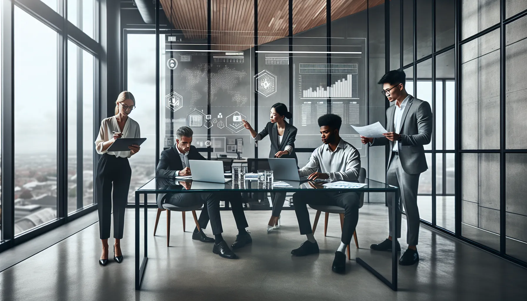 professionals collaborating on numeric code applications in a modern office.