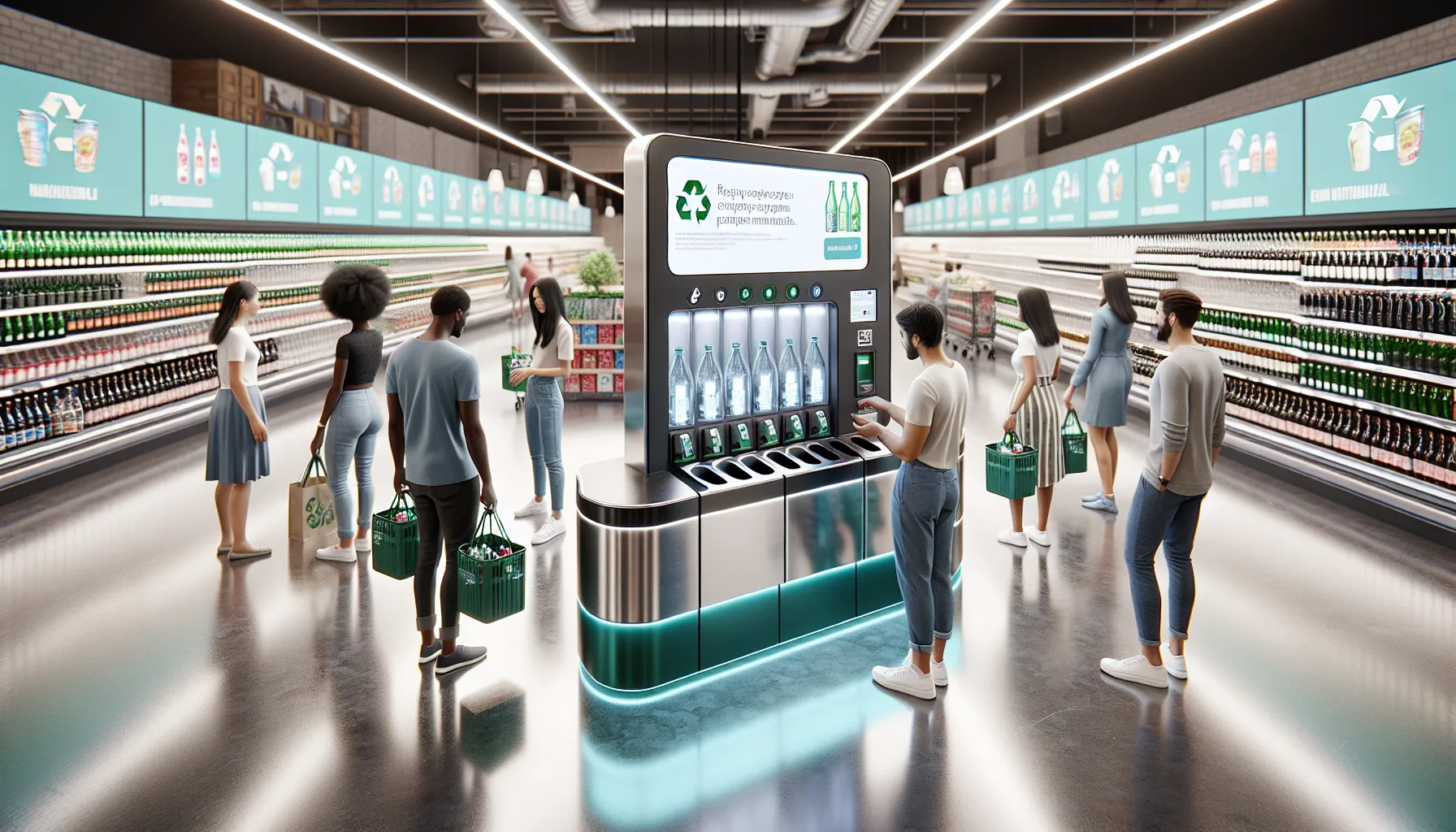 Customers using automated bottle return machine in modern Konzum store