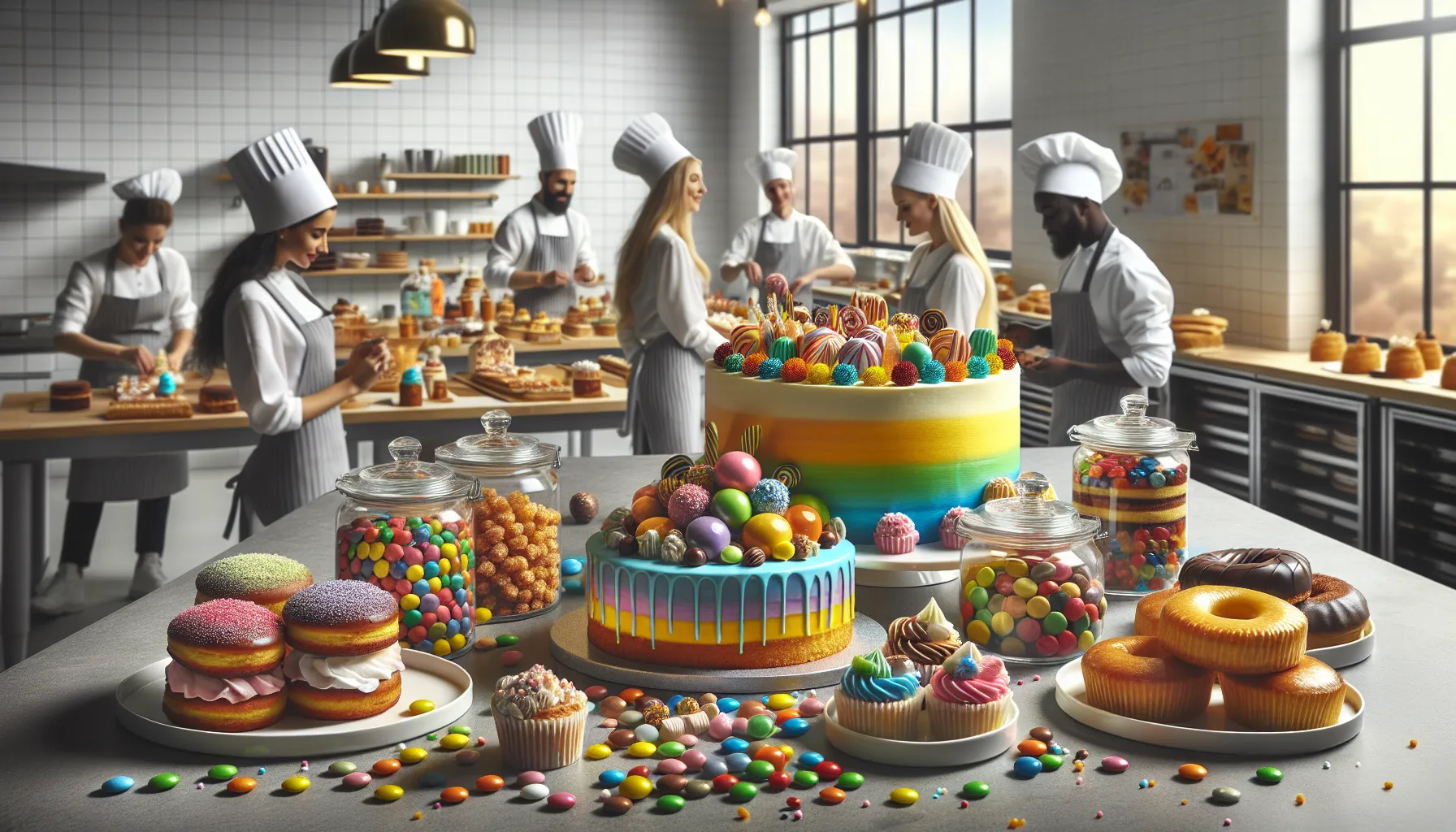 Colorful baked goods in a bright bakery setting.
